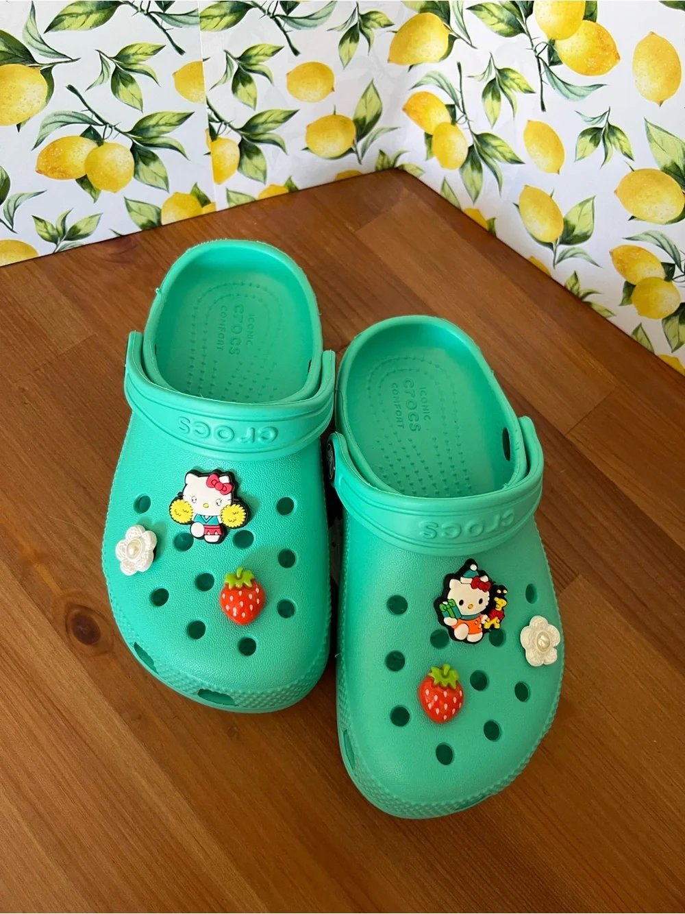 CROCS Kids' Mint  Green Clogs with Cute Charms Size C11